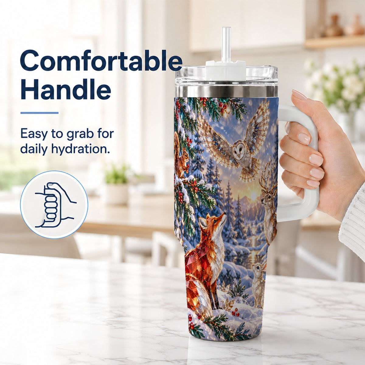 #pl[40oz|White] Winter Woodland 40oz Tumbler, Wildlife Stainless Steel Travel Cup
