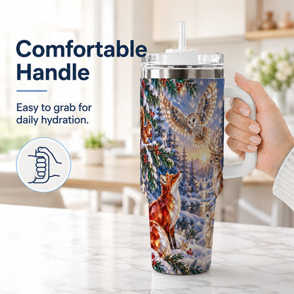 #pl[40oz|White] Winter Woodland 40oz Tumbler, Wildlife Stainless Steel Travel Cup