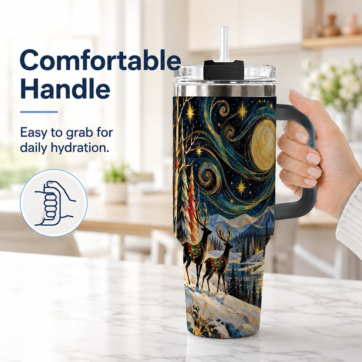 #pl[40oz|Black] Starry Winter Deer 40oz Tumbler, Celestial Stainless Steel Travel Cup