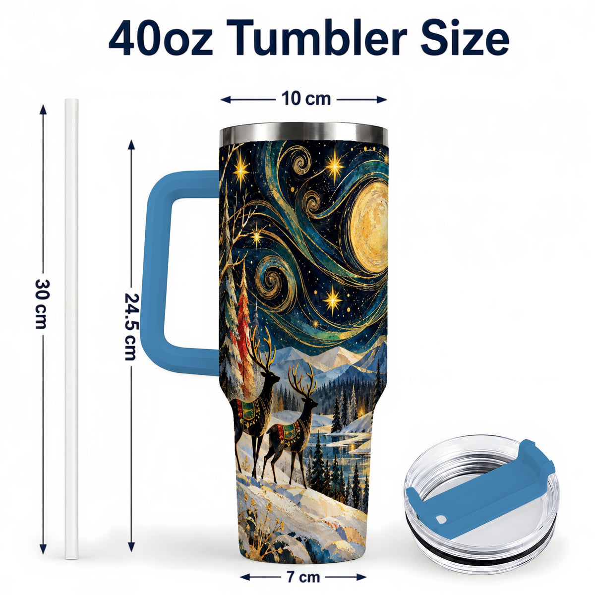 #pl[40oz|Blue] Starry Winter Deer 40oz Tumbler, Celestial Stainless Steel Travel Cup