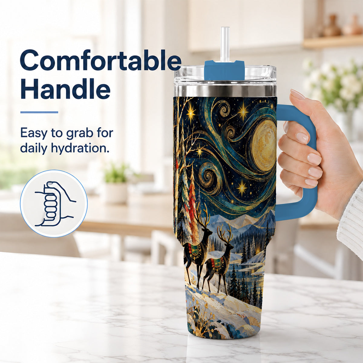 #pl[40oz|Blue] Starry Winter Deer 40oz Tumbler, Celestial Stainless Steel Travel Cup