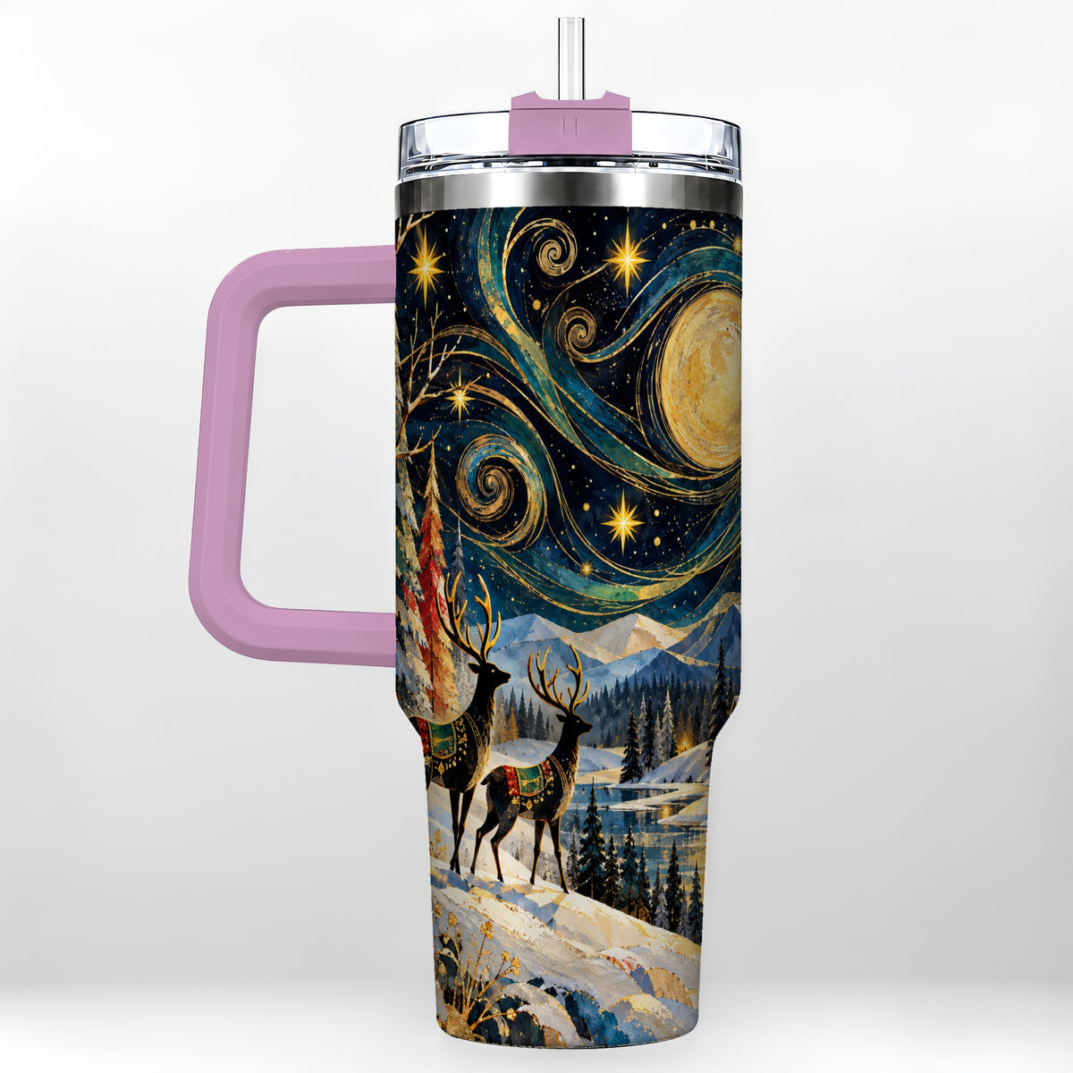 #pl[40oz|Pink] Starry Winter Deer 40oz Tumbler, Celestial Stainless Steel Travel Cup