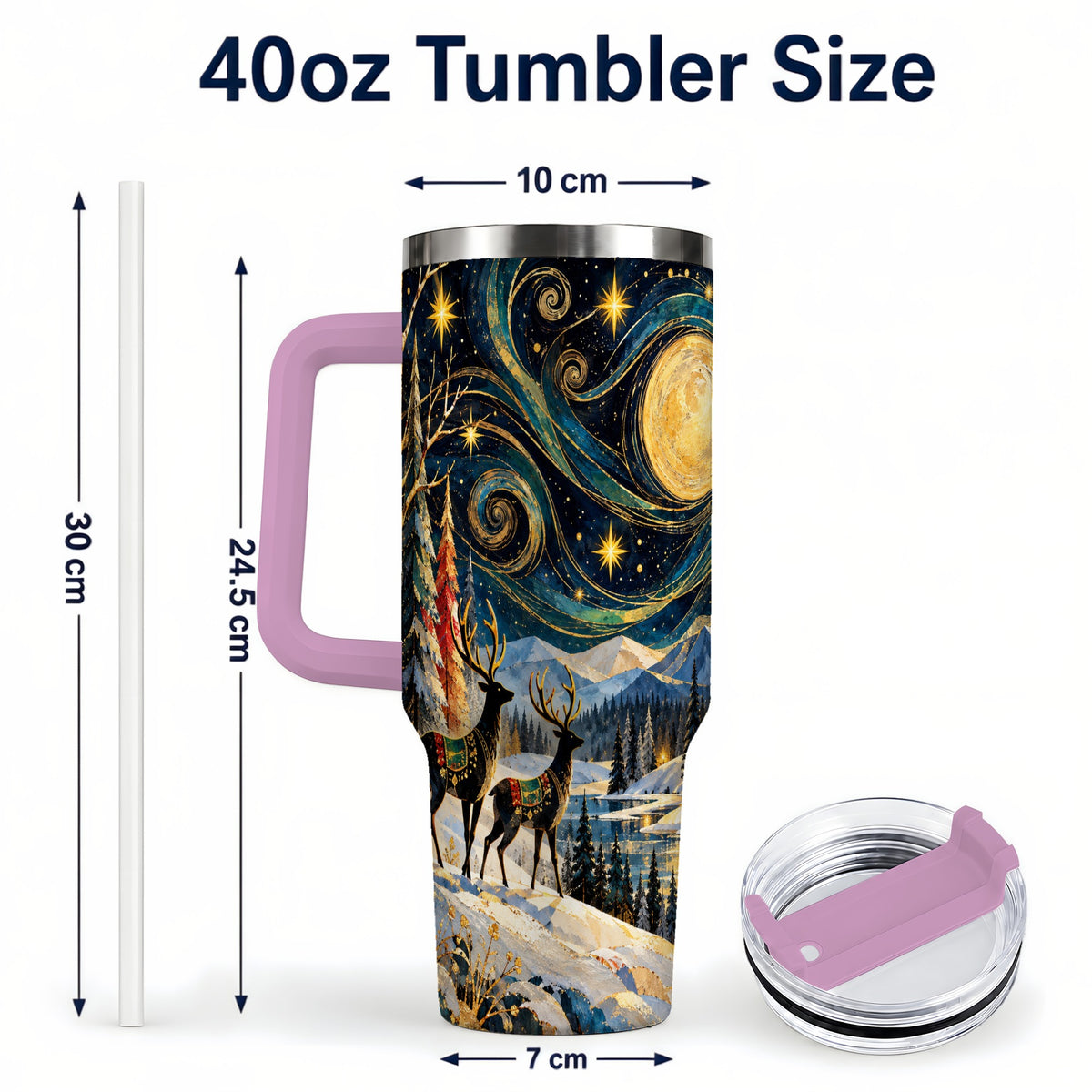 #pl[40oz|Pink] Starry Winter Deer 40oz Tumbler, Celestial Stainless Steel Travel Cup