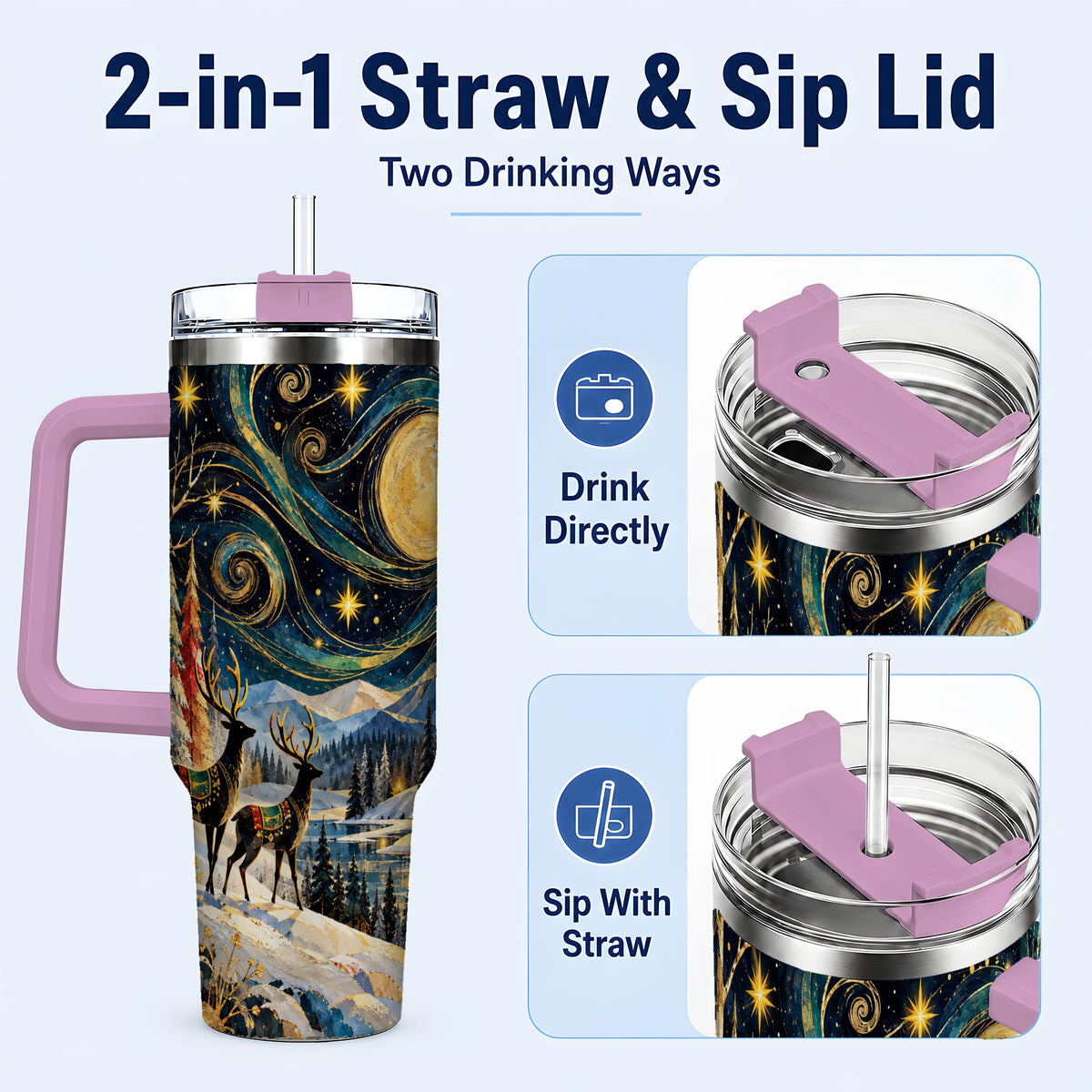 #pl[40oz|Pink] Starry Winter Deer 40oz Tumbler, Celestial Stainless Steel Travel Cup