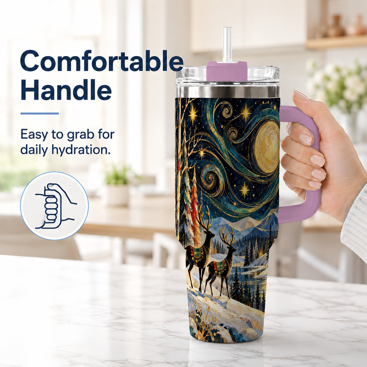 #pl[40oz|Pink] Starry Winter Deer 40oz Tumbler, Celestial Stainless Steel Travel Cup