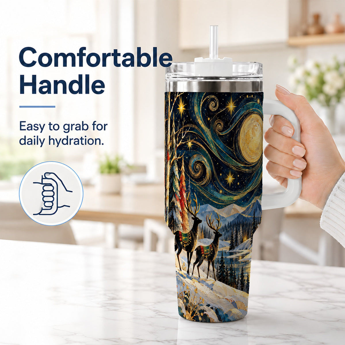 #pl[40oz|White] Starry Winter Deer 40oz Tumbler, Celestial Stainless Steel Travel Cup