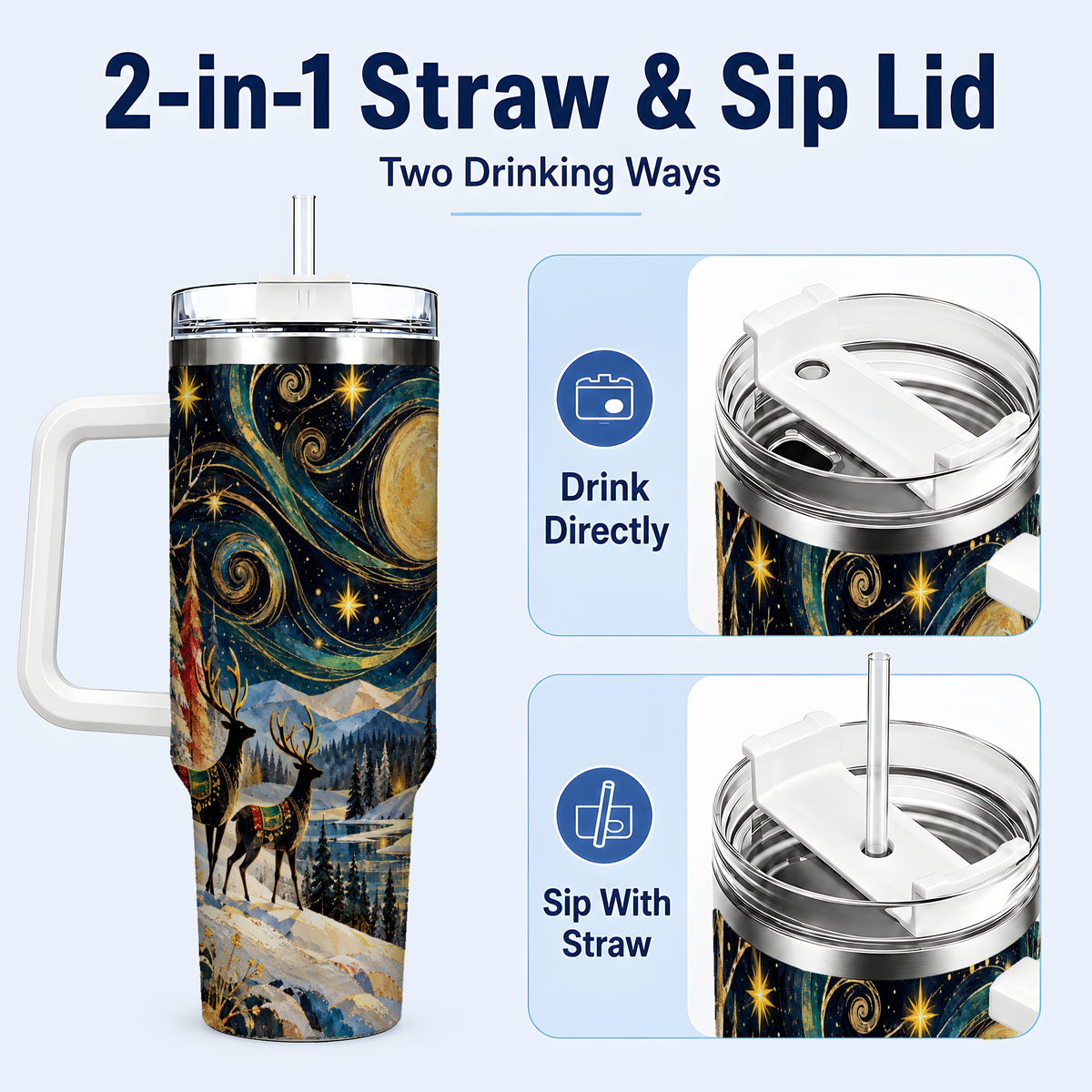 #pl[40oz|White] Starry Winter Deer 40oz Tumbler, Celestial Stainless Steel Travel Cup
