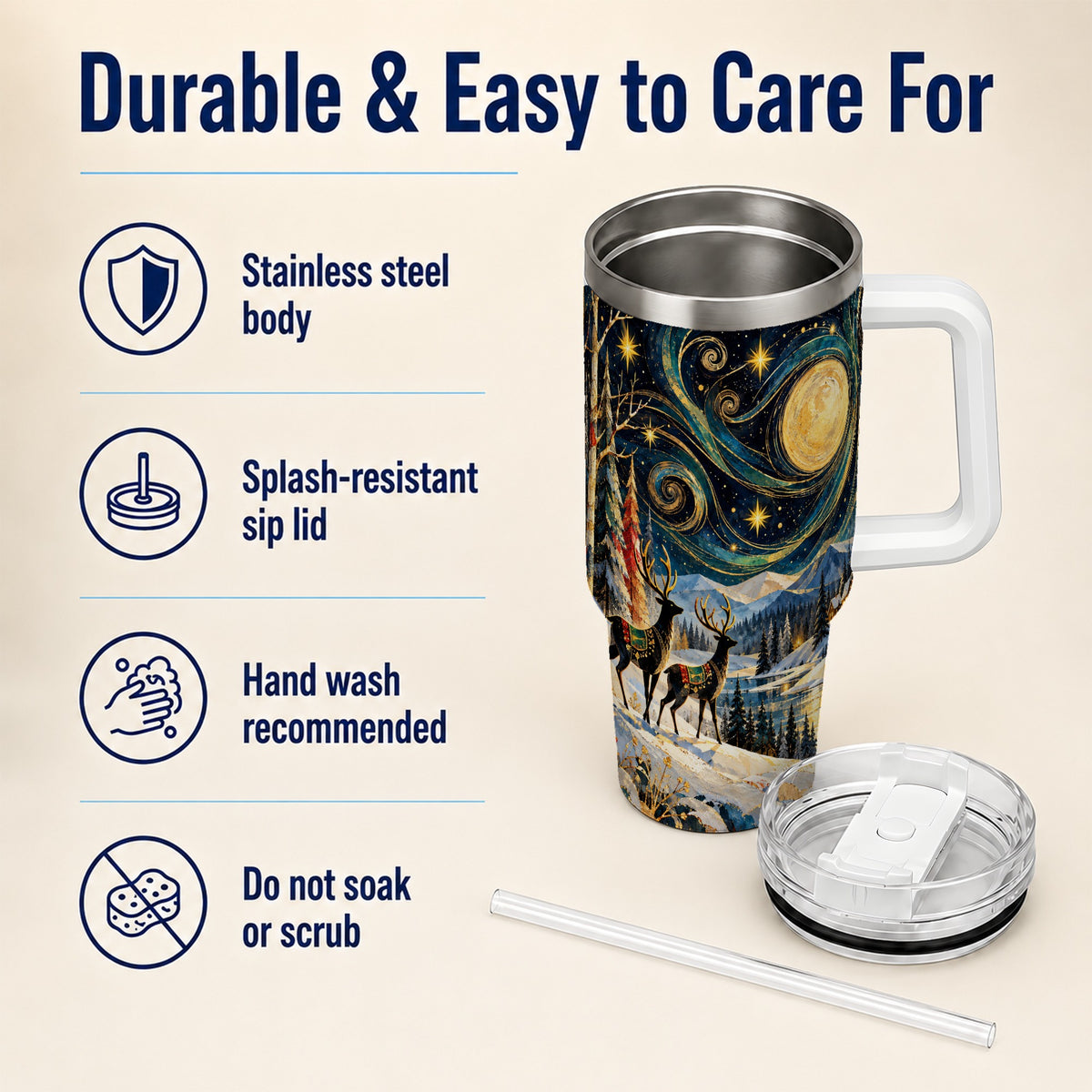 Starry Winter Deer 40oz Tumbler, Celestial Stainless Steel Travel Cup
