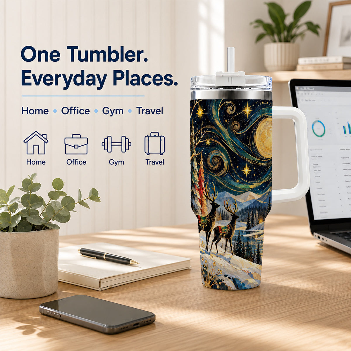 Starry Winter Deer 40oz Tumbler, Celestial Stainless Steel Travel Cup