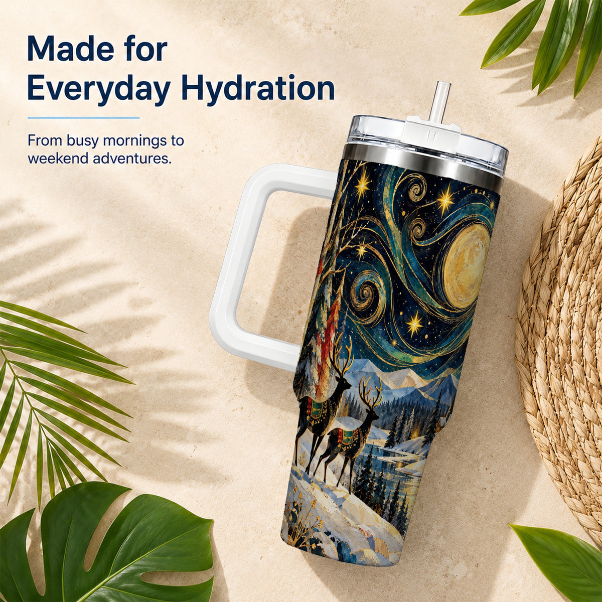 Starry Winter Deer 40oz Tumbler, Celestial Stainless Steel Travel Cup