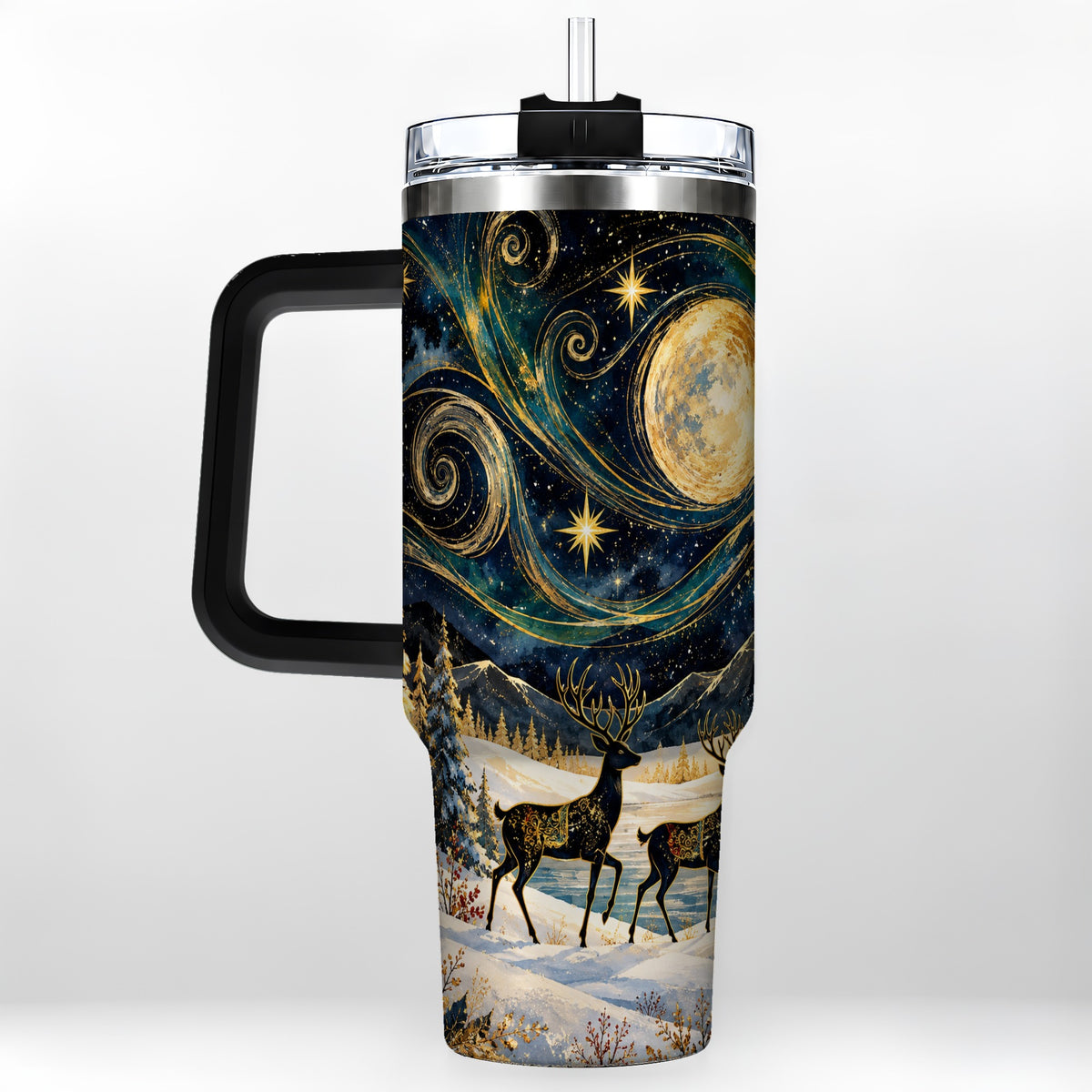 #pl[40oz|Black] Moonlit Deer 40oz Tumbler, Winter Forest Stainless Steel Travel Cup