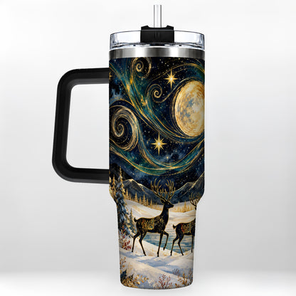 #pl[40oz|Black] Moonlit Deer 40oz Tumbler, Winter Forest Stainless Steel Travel Cup