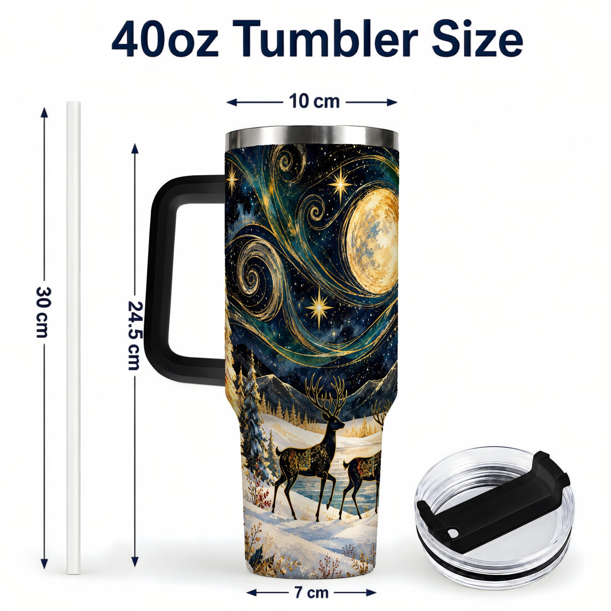 #pl[40oz|Black] Moonlit Deer 40oz Tumbler, Winter Forest Stainless Steel Travel Cup