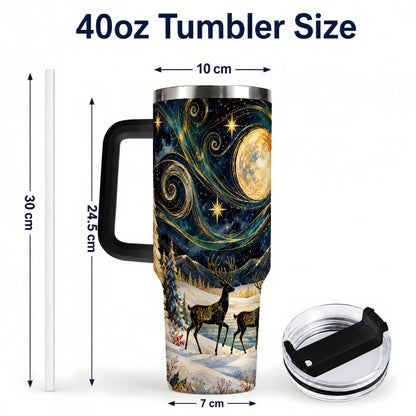 #pl[40oz|Black] Moonlit Deer 40oz Tumbler, Winter Forest Stainless Steel Travel Cup
