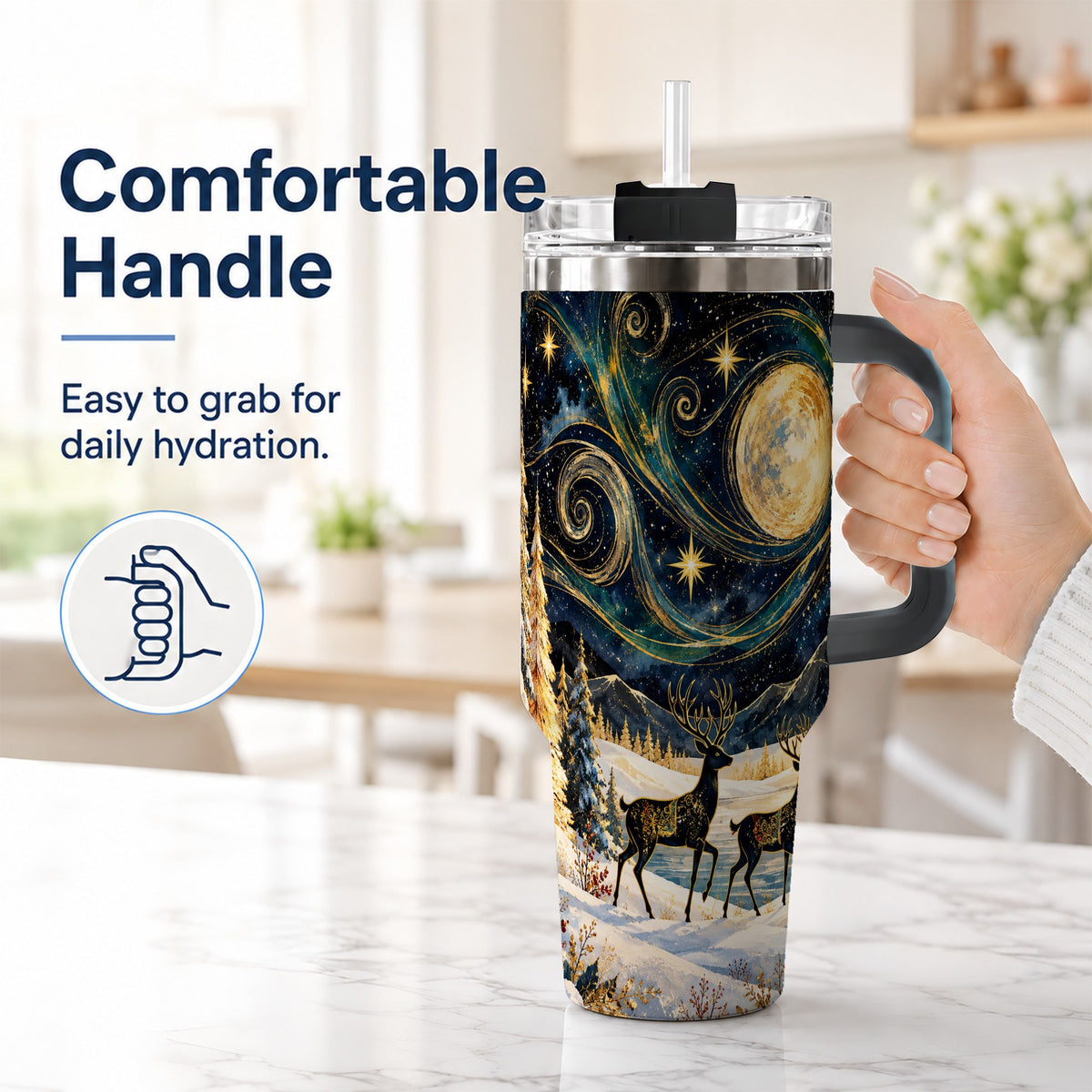 #pl[40oz|Black] Moonlit Deer 40oz Tumbler, Winter Forest Stainless Steel Travel Cup