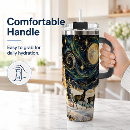 #pl[40oz|Black] Moonlit Deer 40oz Tumbler, Winter Forest Stainless Steel Travel Cup