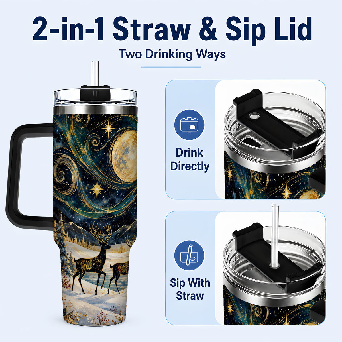 #pl[40oz|Black] Moonlit Deer 40oz Tumbler, Winter Forest Stainless Steel Travel Cup
