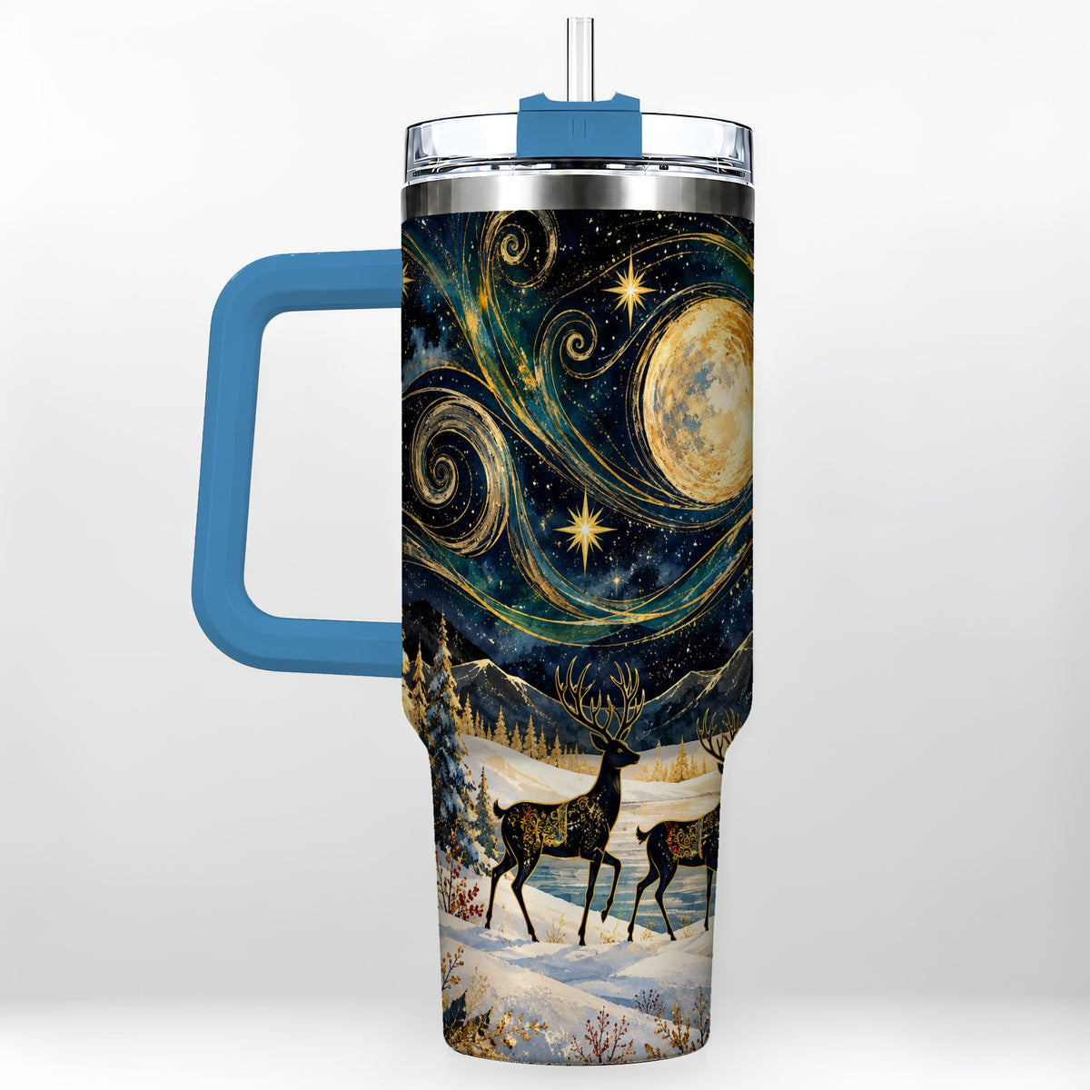#pl[40oz|Blue] Moonlit Deer 40oz Tumbler, Winter Forest Stainless Steel Travel Cup
