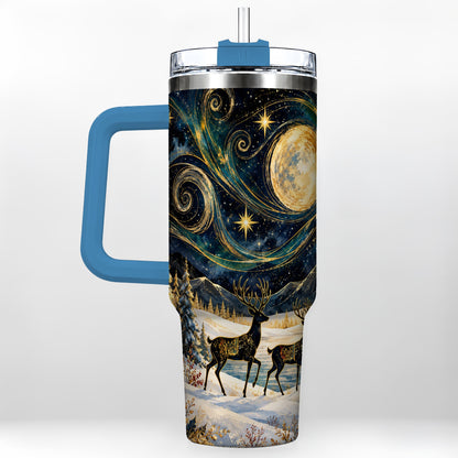 #pl[40oz|Blue] Moonlit Deer 40oz Tumbler, Winter Forest Stainless Steel Travel Cup