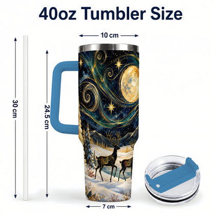 #pl[40oz|Blue] Moonlit Deer 40oz Tumbler, Winter Forest Stainless Steel Travel Cup