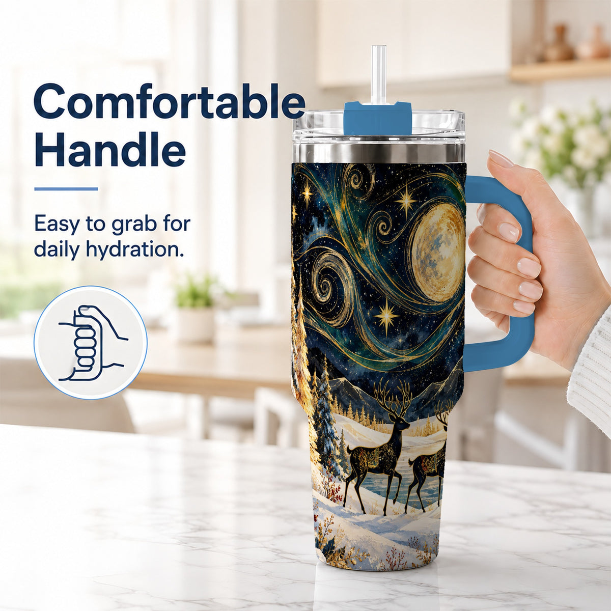 #pl[40oz|Blue] Moonlit Deer 40oz Tumbler, Winter Forest Stainless Steel Travel Cup