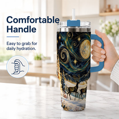 #pl[40oz|Blue] Moonlit Deer 40oz Tumbler, Winter Forest Stainless Steel Travel Cup