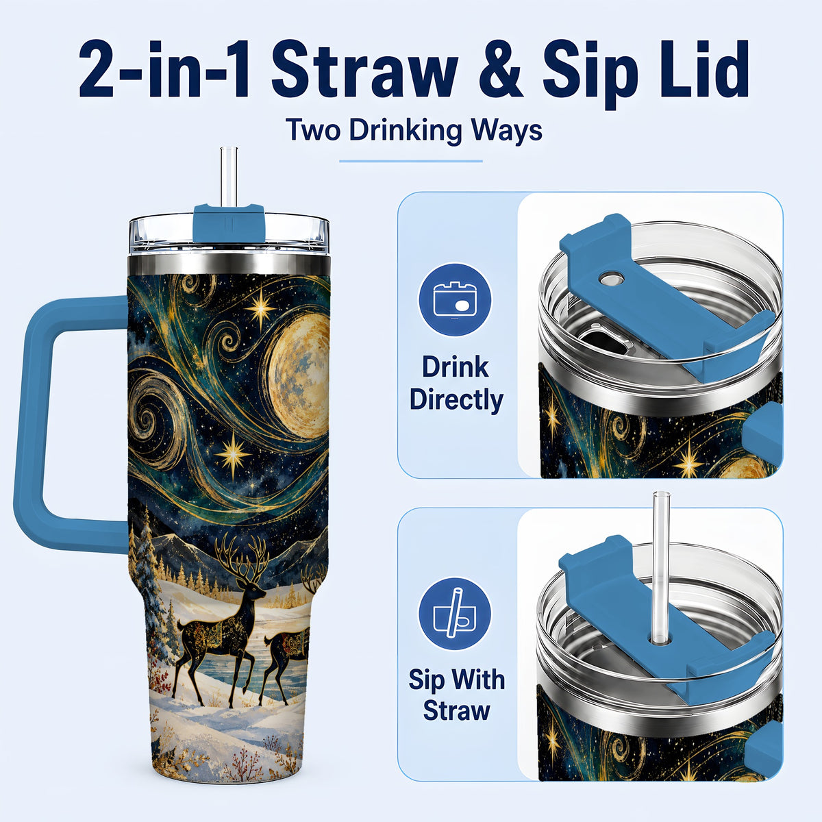 #pl[40oz|Blue] Moonlit Deer 40oz Tumbler, Winter Forest Stainless Steel Travel Cup
