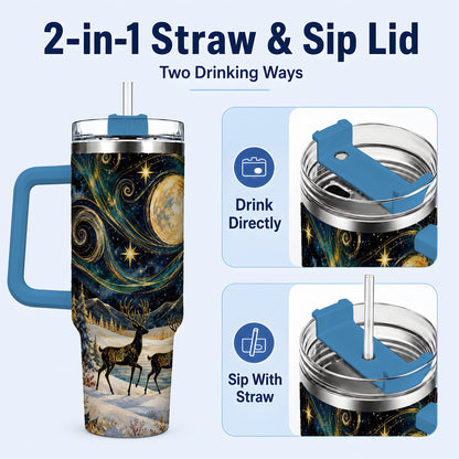 #pl[40oz|Blue] Moonlit Deer 40oz Tumbler, Winter Forest Stainless Steel Travel Cup