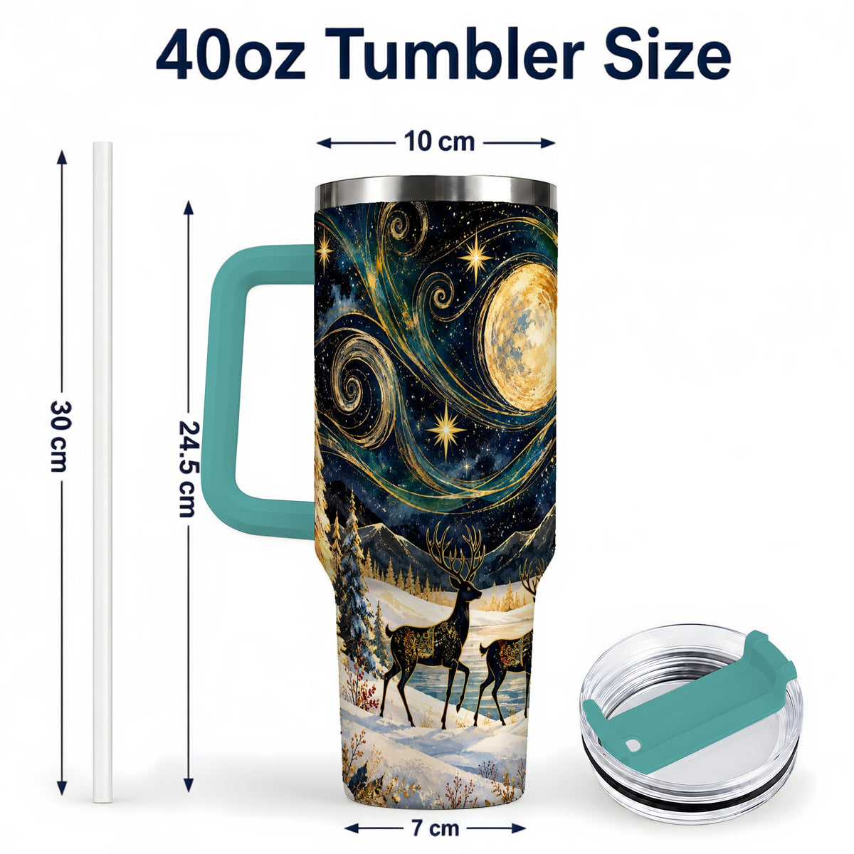 #pl[40oz|Green] Moonlit Deer 40oz Tumbler, Winter Forest Stainless Steel Travel Cup