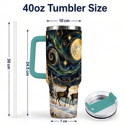 #pl[40oz|Green] Moonlit Deer 40oz Tumbler, Winter Forest Stainless Steel Travel Cup