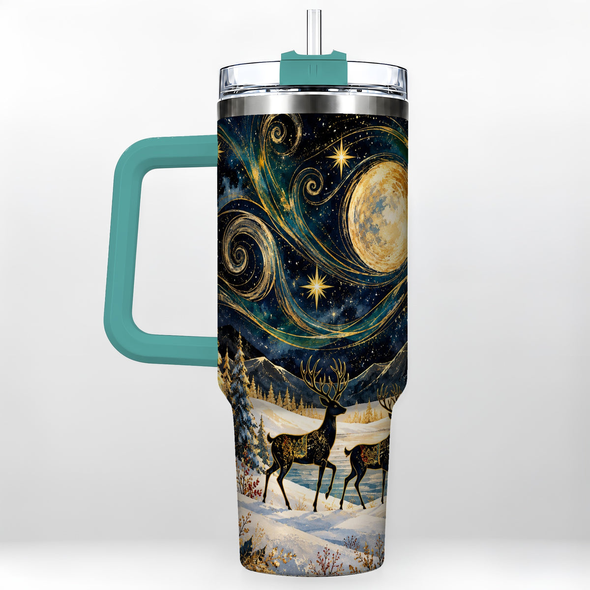 #pl[40oz|Green] Moonlit Deer 40oz Tumbler, Winter Forest Stainless Steel Travel Cup