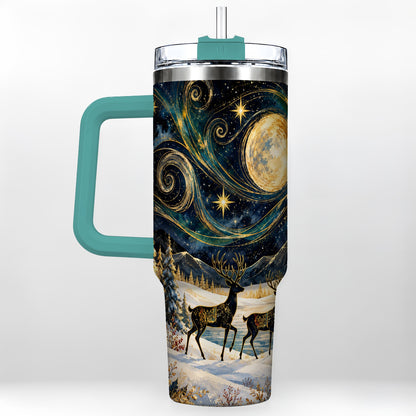 #pl[40oz|Green] Moonlit Deer 40oz Tumbler, Winter Forest Stainless Steel Travel Cup