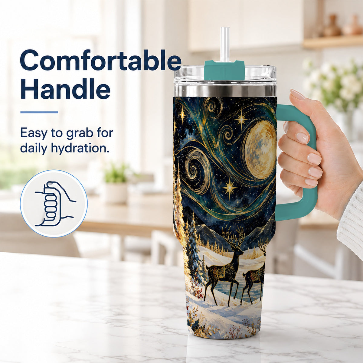 #pl[40oz|Green] Moonlit Deer 40oz Tumbler, Winter Forest Stainless Steel Travel Cup