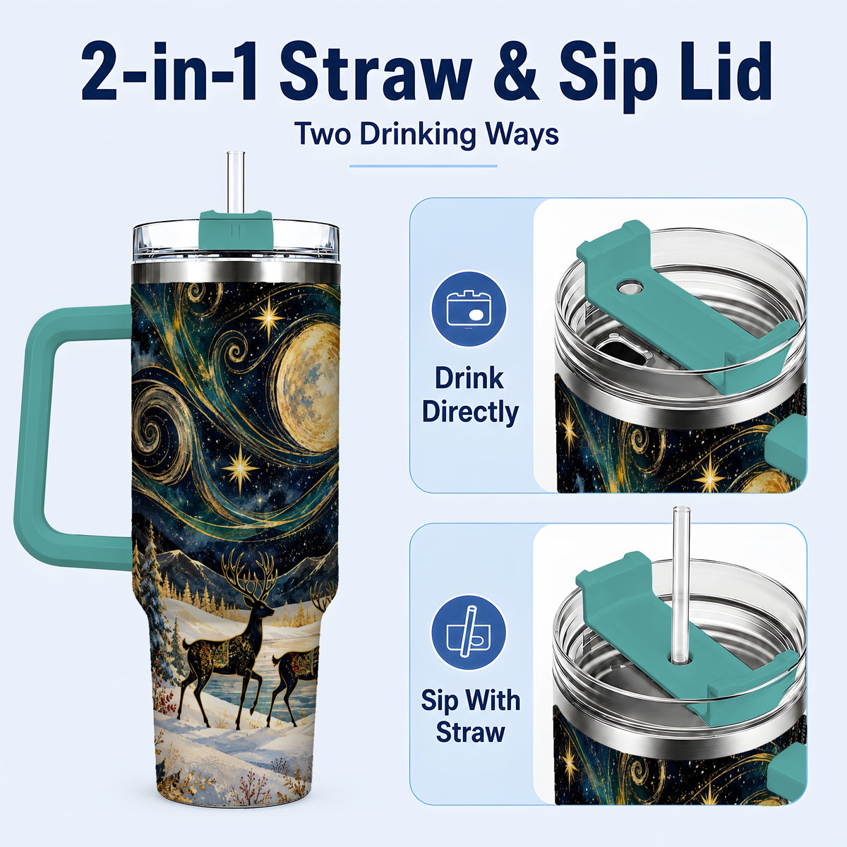 #pl[40oz|Green] Moonlit Deer 40oz Tumbler, Winter Forest Stainless Steel Travel Cup