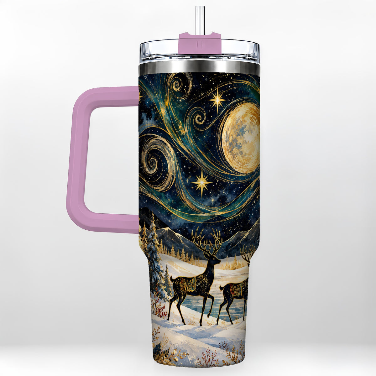 #pl[40oz|Pink] Moonlit Deer 40oz Tumbler, Winter Forest Stainless Steel Travel Cup