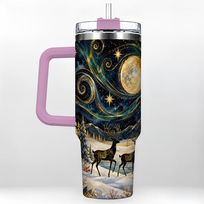 #pl[40oz|Pink] Moonlit Deer 40oz Tumbler, Winter Forest Stainless Steel Travel Cup