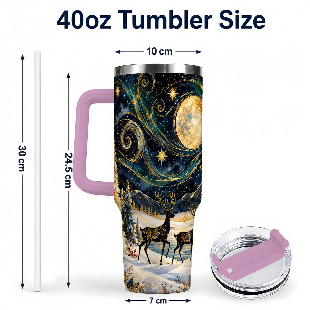 #pl[40oz|Pink] Moonlit Deer 40oz Tumbler, Winter Forest Stainless Steel Travel Cup