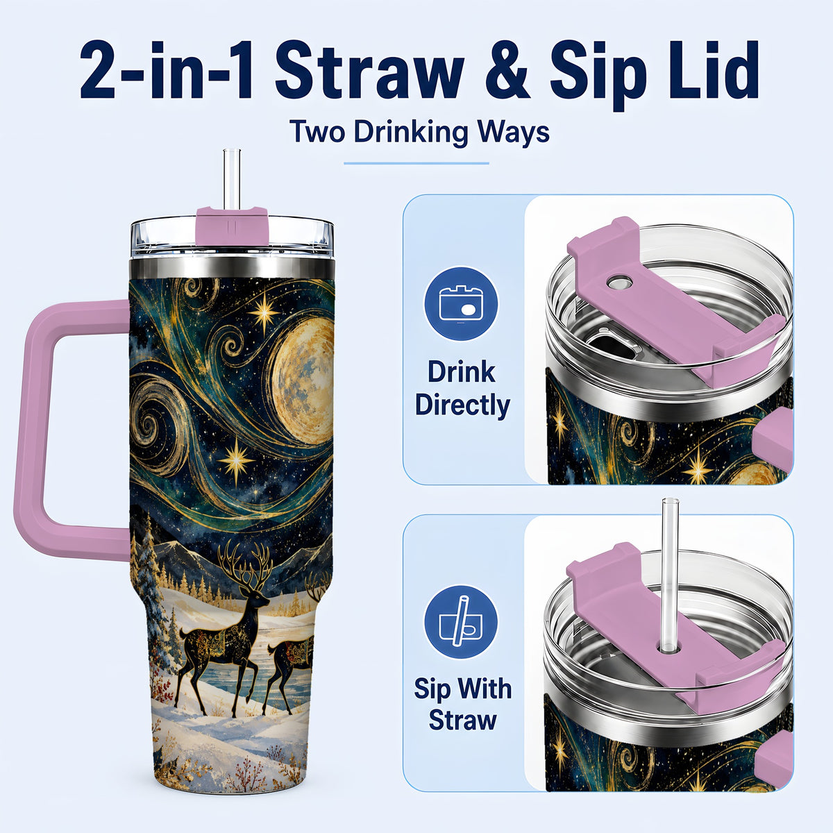 #pl[40oz|Pink] Moonlit Deer 40oz Tumbler, Winter Forest Stainless Steel Travel Cup