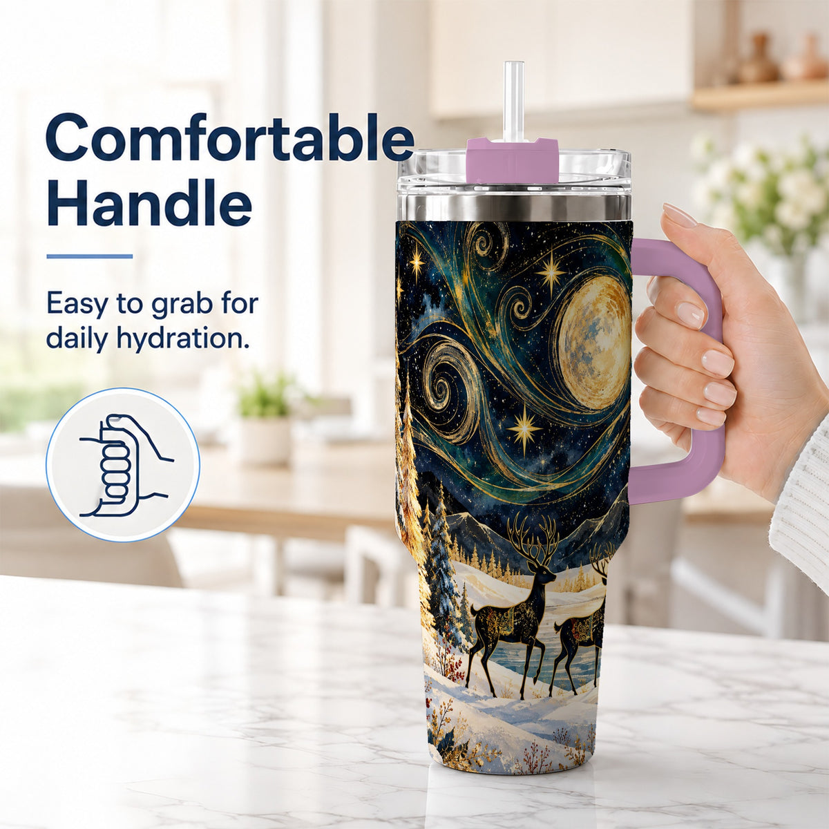 #pl[40oz|Pink] Moonlit Deer 40oz Tumbler, Winter Forest Stainless Steel Travel Cup
