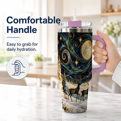 #pl[40oz|Pink] Moonlit Deer 40oz Tumbler, Winter Forest Stainless Steel Travel Cup