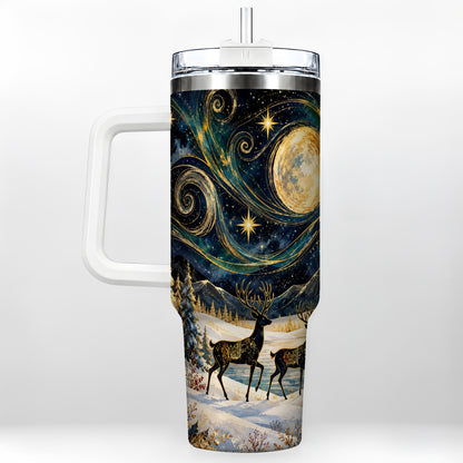 Moonlit Deer 40oz Tumbler, Winter Forest Stainless Steel Travel Cup