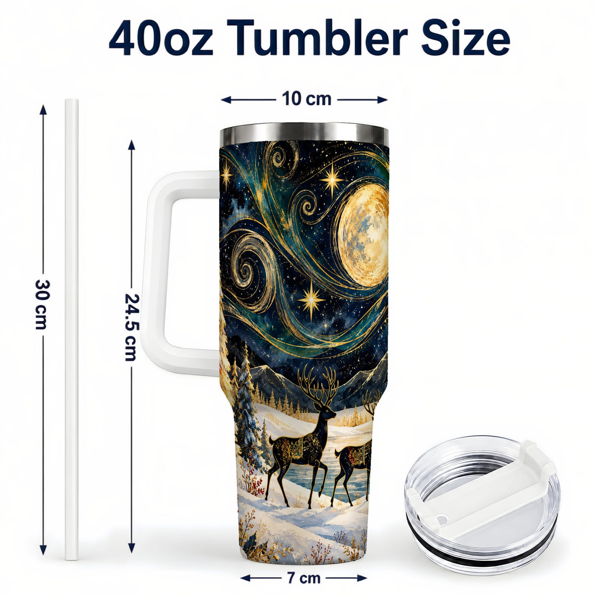#pl[40oz|White] Moonlit Deer 40oz Tumbler, Winter Forest Stainless Steel Travel Cup