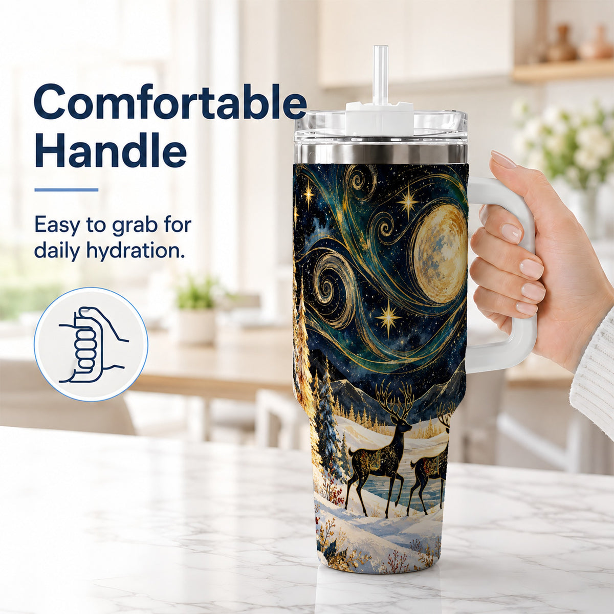 #pl[40oz|White] Moonlit Deer 40oz Tumbler, Winter Forest Stainless Steel Travel Cup