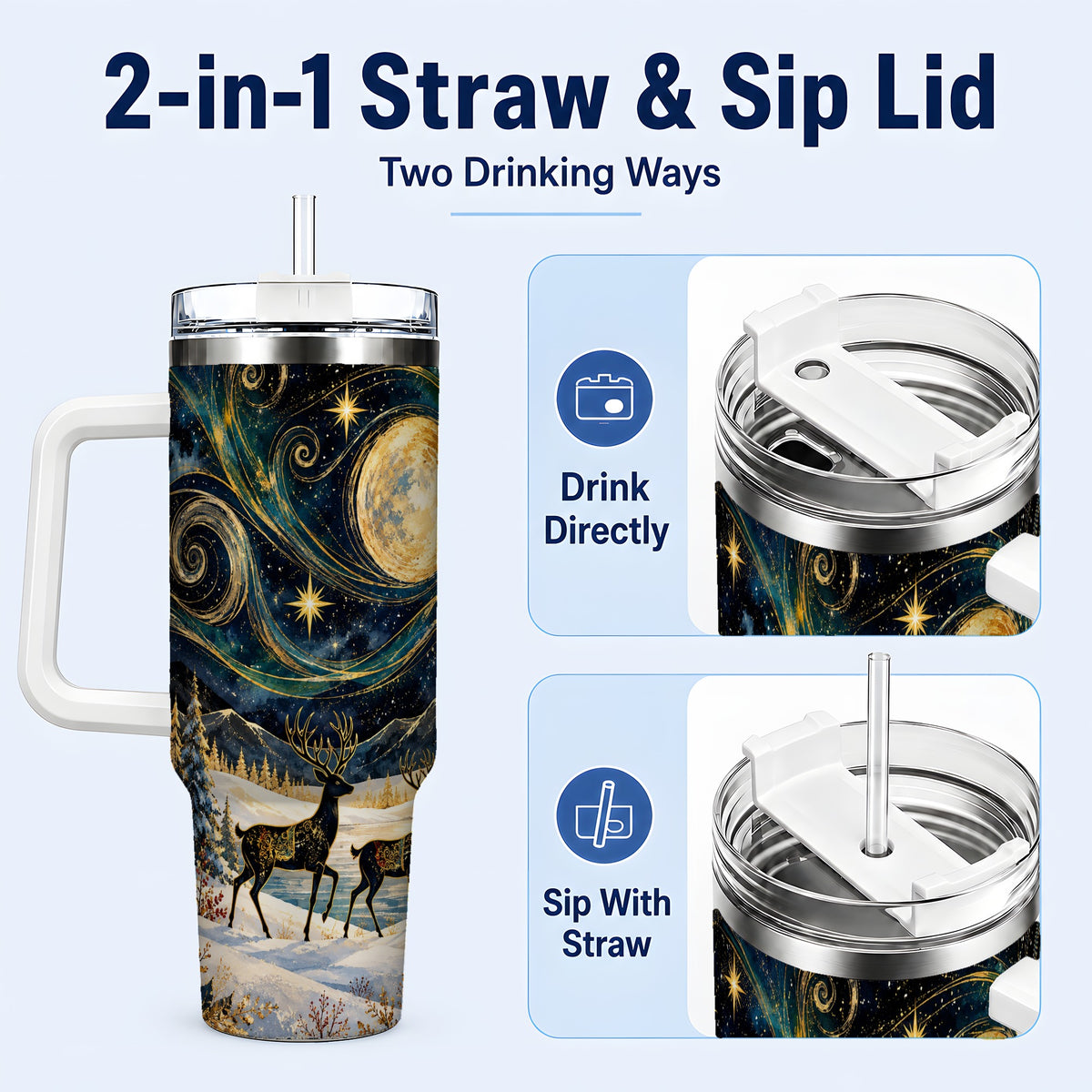 #pl[40oz|White] Moonlit Deer 40oz Tumbler, Winter Forest Stainless Steel Travel Cup
