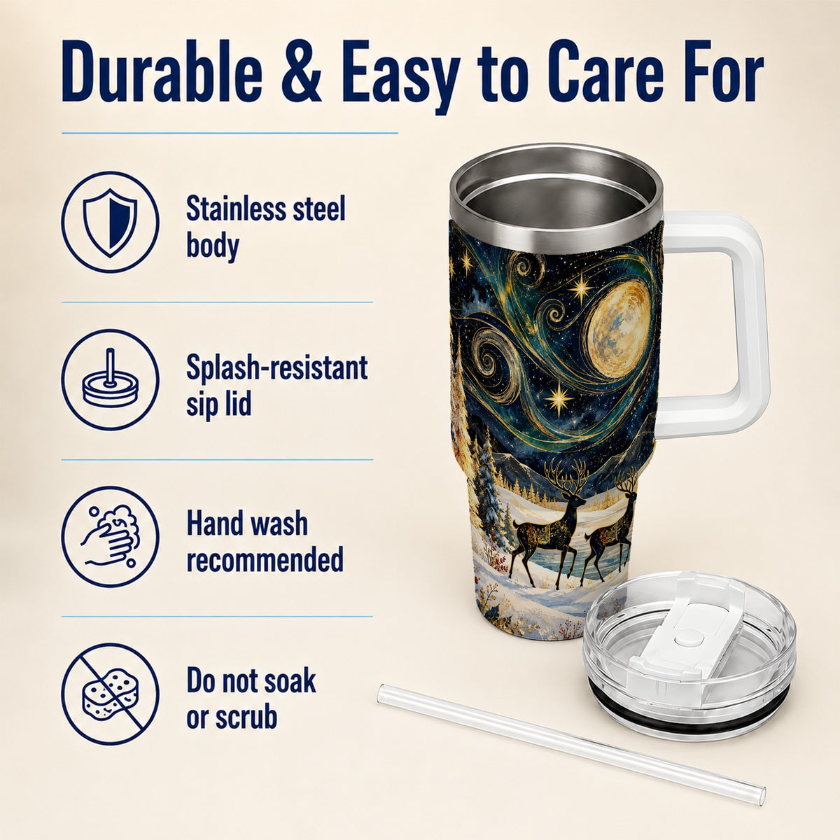 Moonlit Deer 40oz Tumbler, Winter Forest Stainless Steel Travel Cup