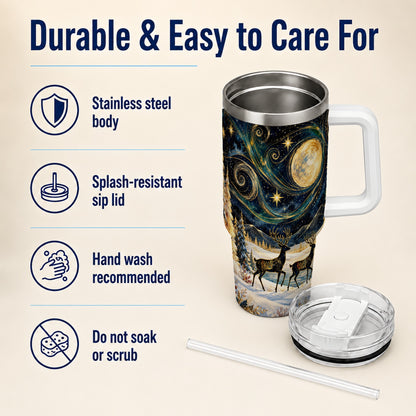 Moonlit Deer 40oz Tumbler, Winter Forest Stainless Steel Travel Cup