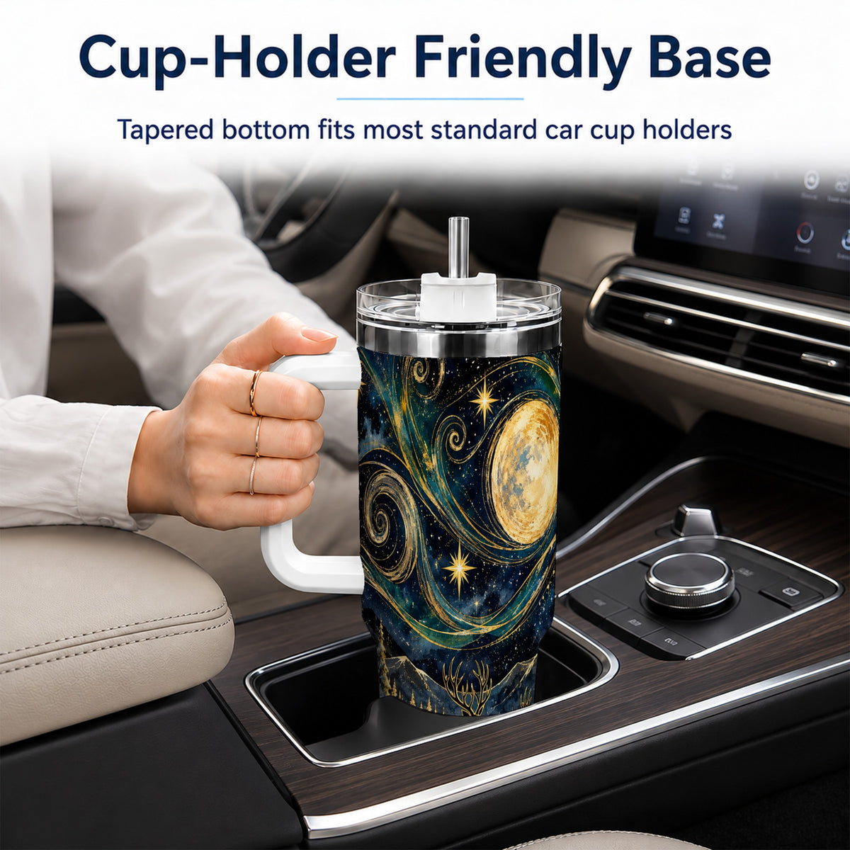 Moonlit Deer 40oz Tumbler, Winter Forest Stainless Steel Travel Cup