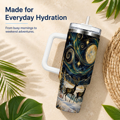 Moonlit Deer 40oz Tumbler, Winter Forest Stainless Steel Travel Cup