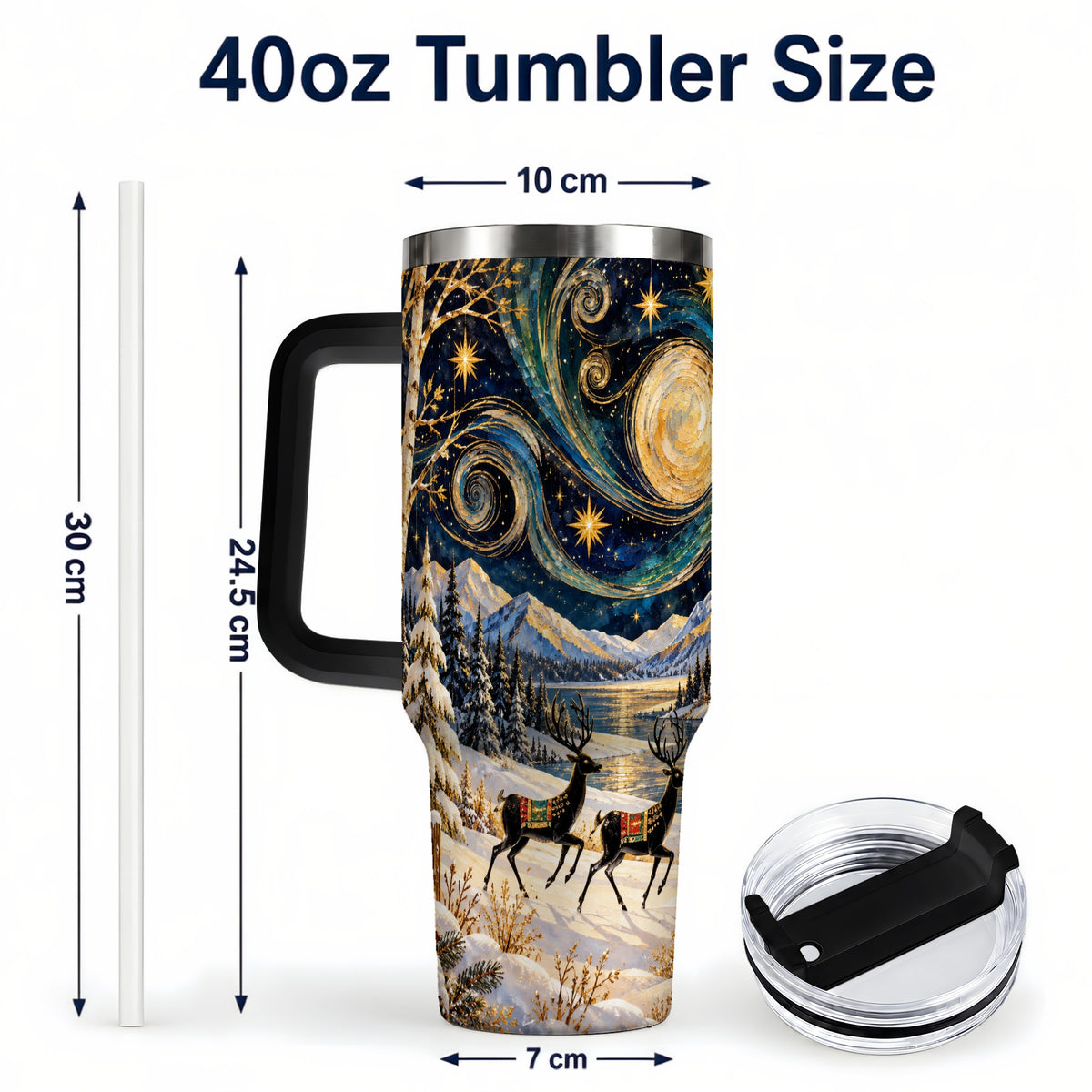 #pl[40oz|Black] Winter Deer Lake 40oz Tumbler, Starry Night Stainless Steel Travel Cup