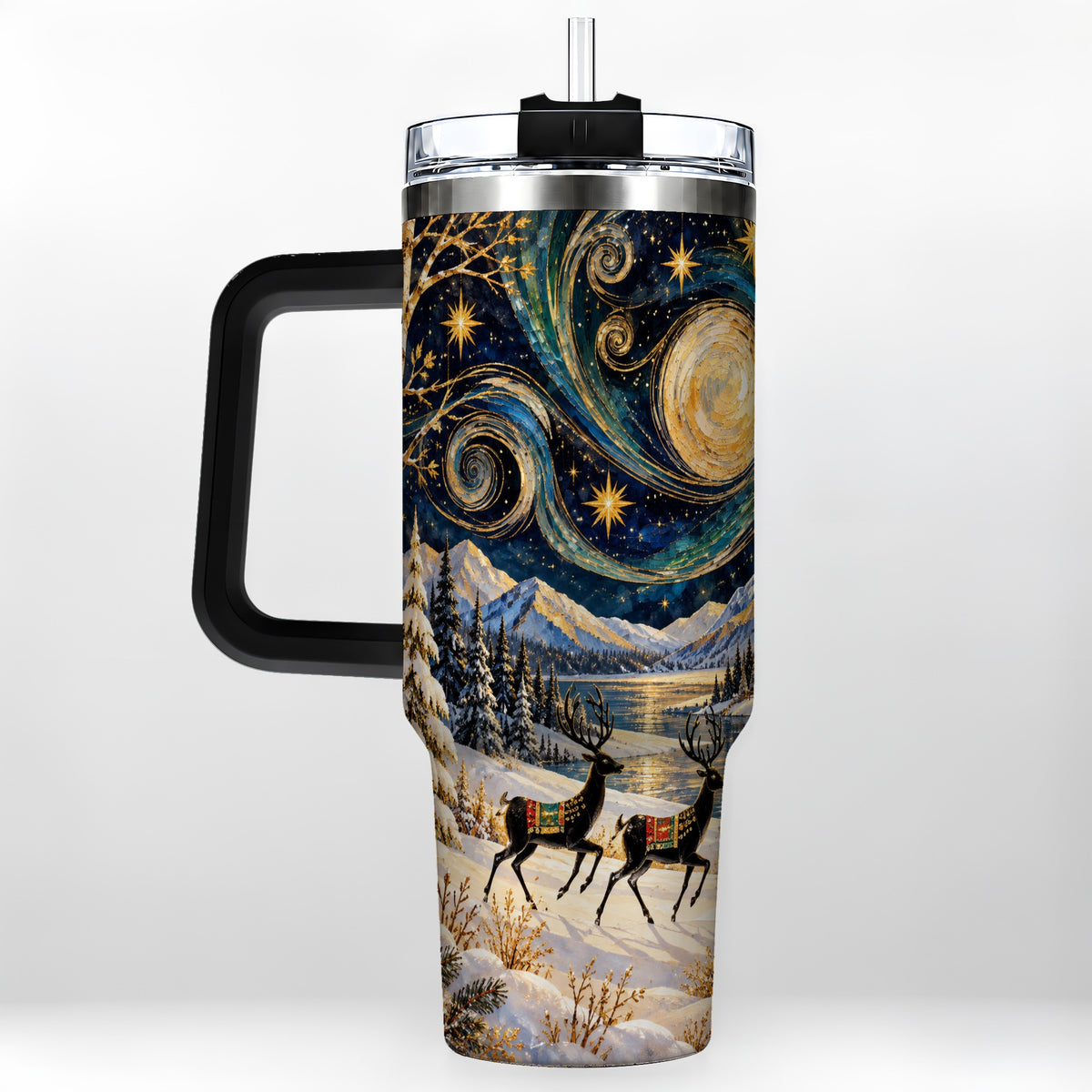 #pl[40oz|Black] Winter Deer Lake 40oz Tumbler, Starry Night Stainless Steel Travel Cup